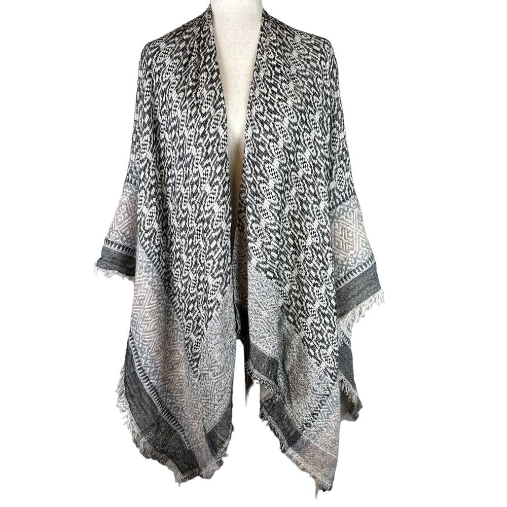 BCBGMAXAZRIA Womens Boho Poncho Wrap Sweater One Size Black Beige Fringe Trim